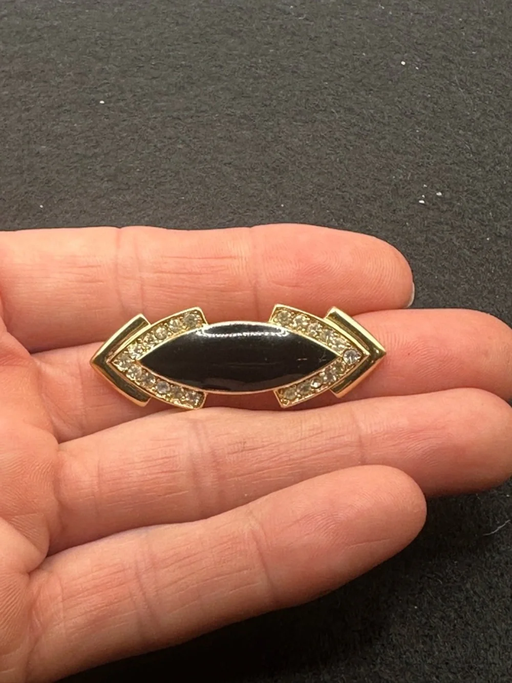 Vintage Trifari Black Enamel Rhinestone Brooch. Mid Century Statement pin.